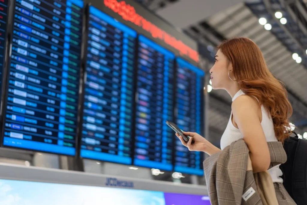 Passageiros com malas enfrentando estresse e atraso no aeroporto de São Paulo antes do embarque